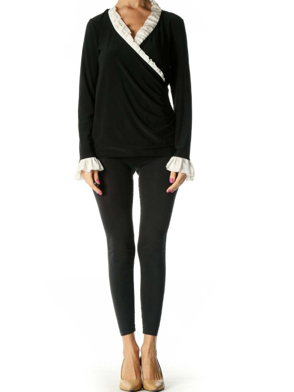 White House Black Market Black Solid Ruffle Top - Picture 2 of 4